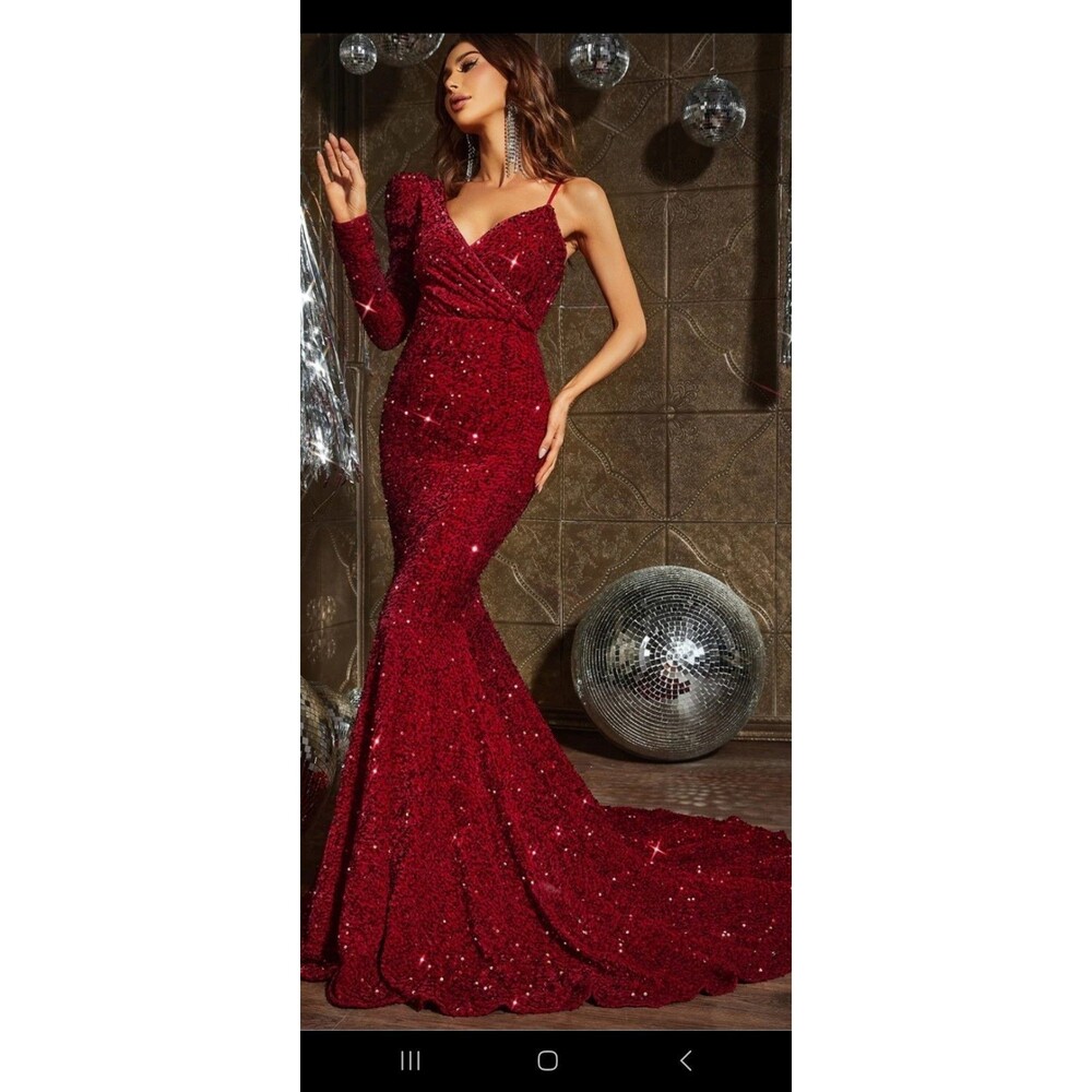 Faeriesty Red Sequin Velour Floor Length Mermaid One Shoulder Gown Women's Xl